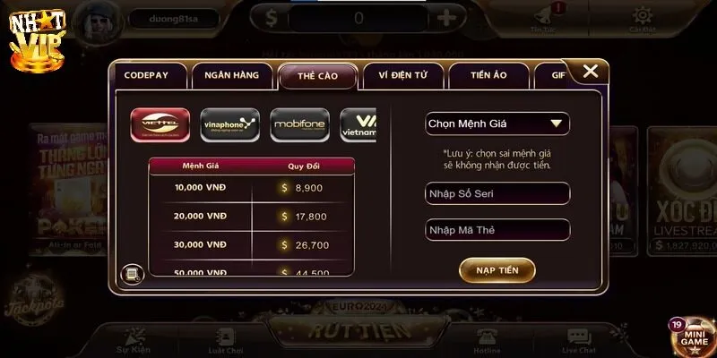 Nạp tiền tài khoản Nhatvip bằng thẻ cào